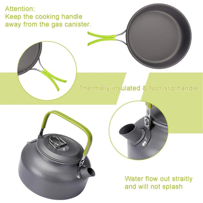 Camping Cookware Set, 10 PCS Camping Cookware Mess Kit Camping Gear with Pot Pans Kettle, Camping Cooking Set for Backpacking Outdoor Camping Hiking Picnic