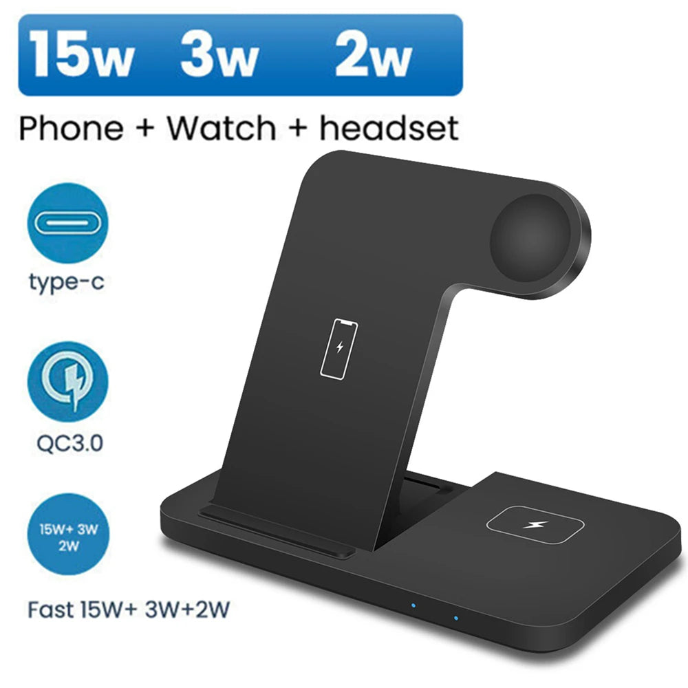 3 in 1 15W Fast Wireless Charger Charging Dock Station for Iphone 15 14 13 12 11 Pro MAX XR X 8 Apple Watch 8 7 6 SE Airpods Pro