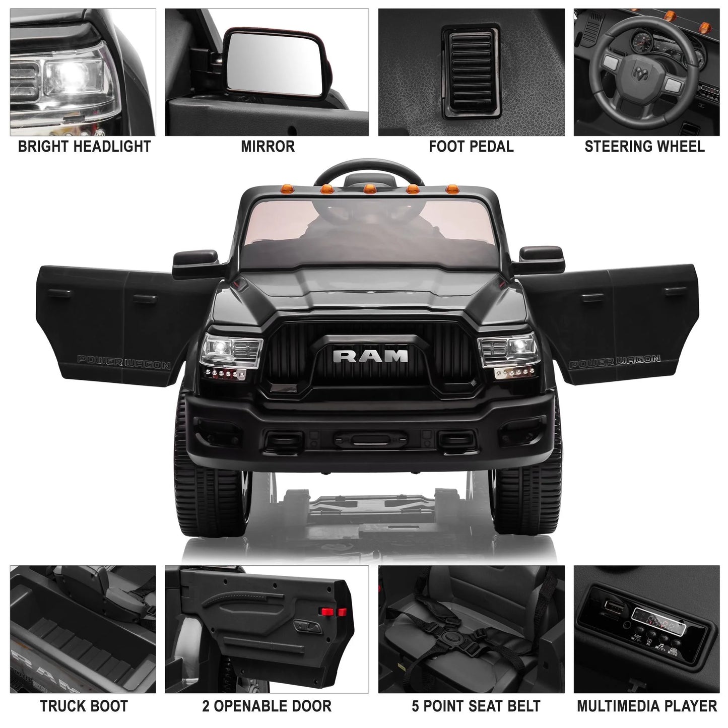 Dodge RAM Ride on Car, 12V Powered Ride on Toy with Remote Control, Rear Wheel Suspension, 5 Point Safety Belt, MP3 Player, Bluetooth, LED Lights, Electric Vehicles for 3-8 Years Boys Girls, Black