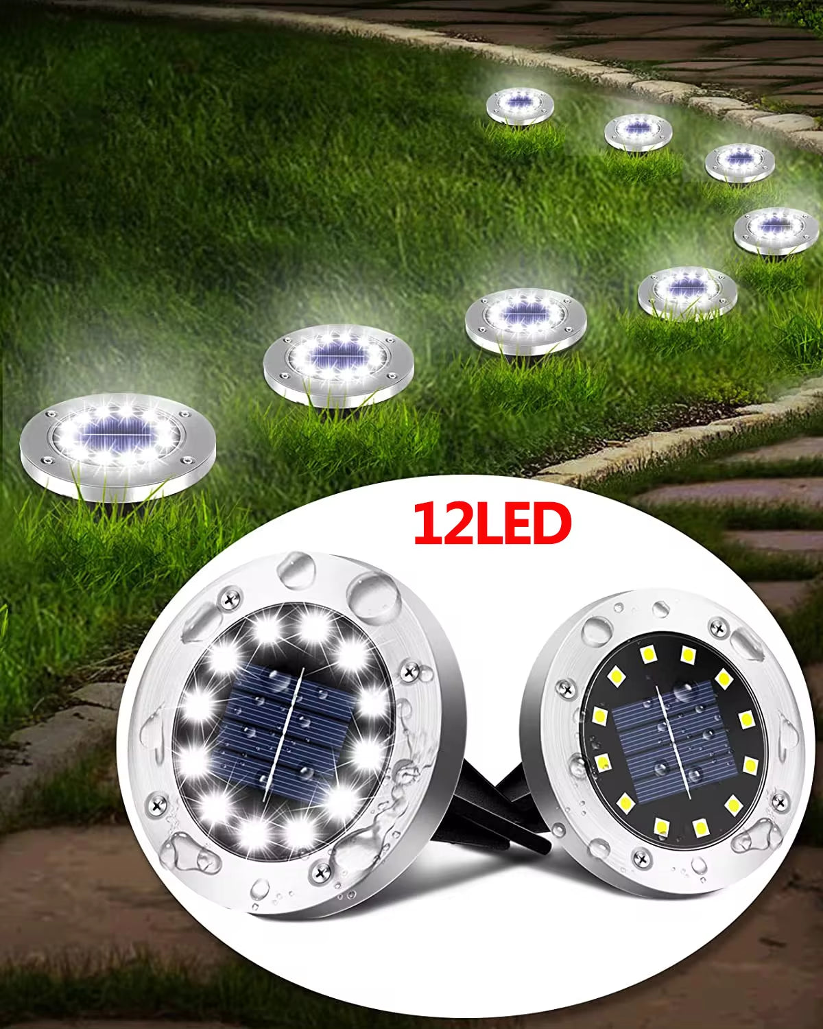 Solar Ground Lights Outdoor Decorations, 12LED Solar Garden Lights Waterproof, Solar Disk Lights for Yard, Pathway, Lawn, Patio