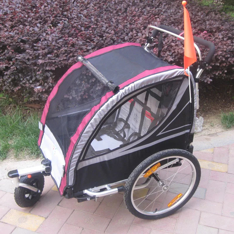 3 in 1 Twins Bike Trailer, 20 Inch Big Wheel Baby Stroller, Foldable Kids Jogger, Two Seats Outdoor Bicycle Wagon