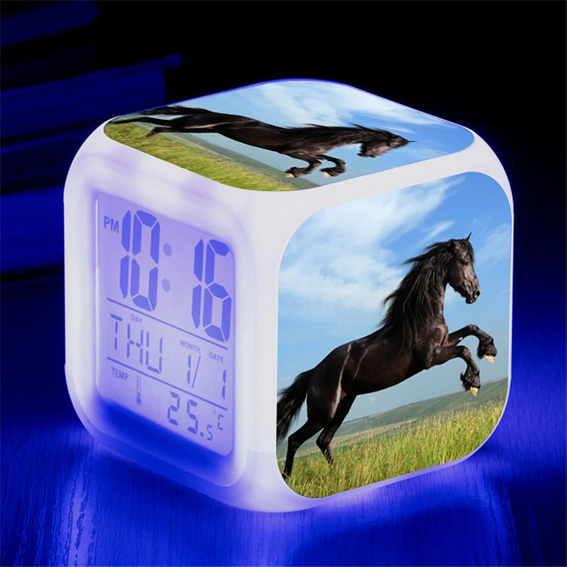 Animals Horse Digital Clocks Color Changing Despertador White Horses Led Alarm Clocks Action Figure Light up Toys Doll Kids Gift