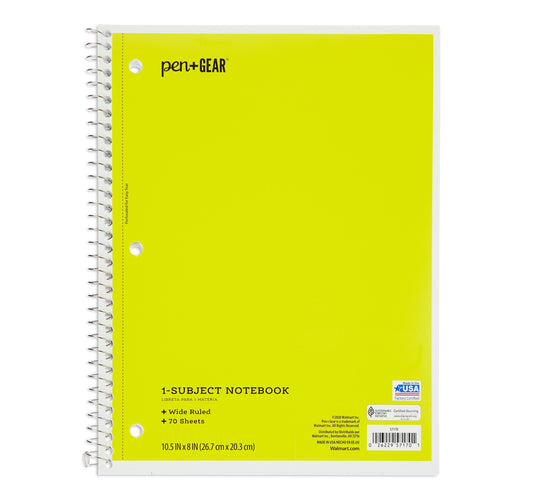 1-Subject Notebook, Wide Ruled, 70 Pages, Yellow