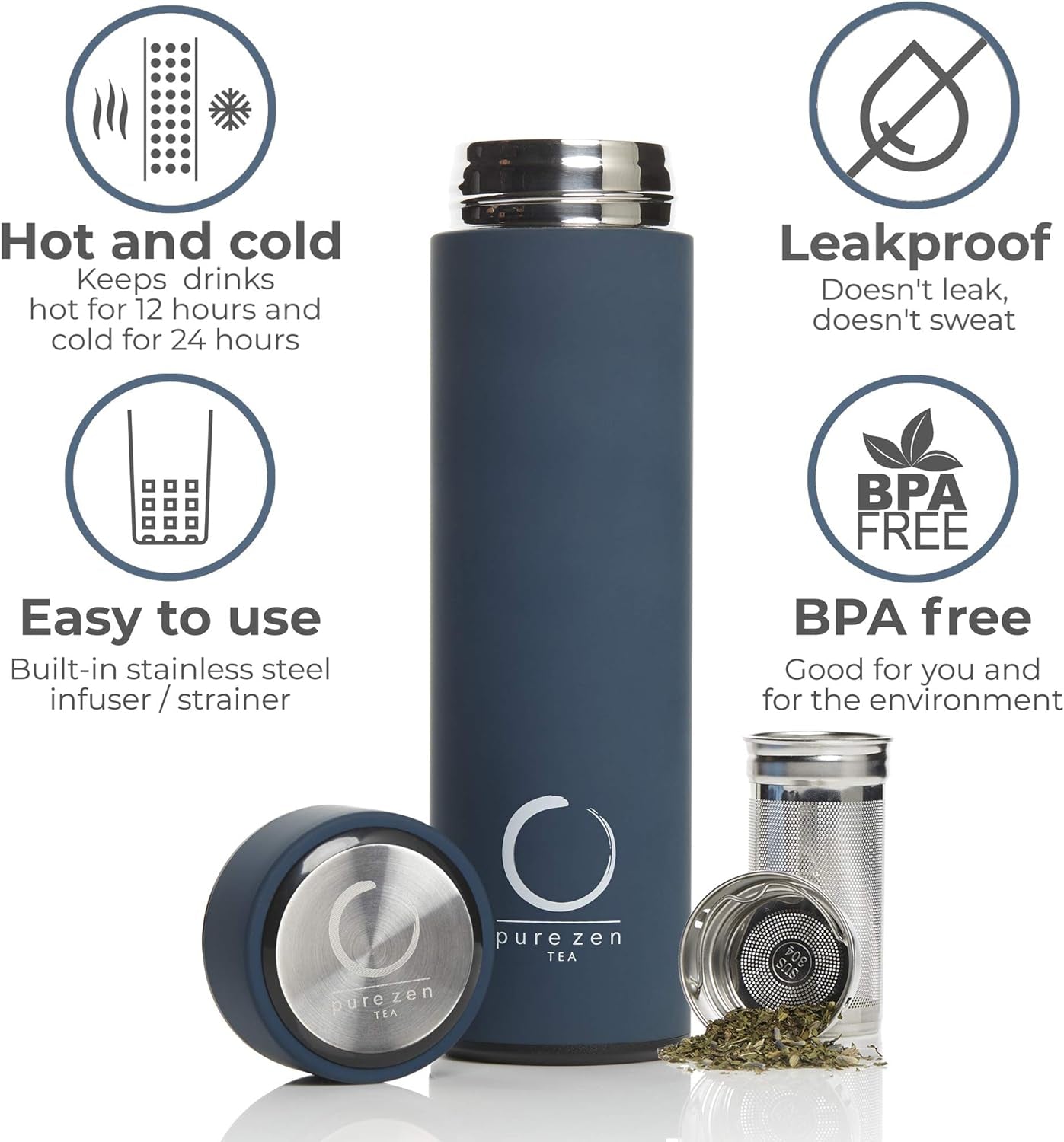 Thermos with Infuser for Tea, Coffee and Fruit-Infused Water - Stainless Steel - Tea Infuser Bottle - Tea Tumbler with Infuser - Leakproof Tea Bottle - Travel Tea Mug - 15Oz - Blue