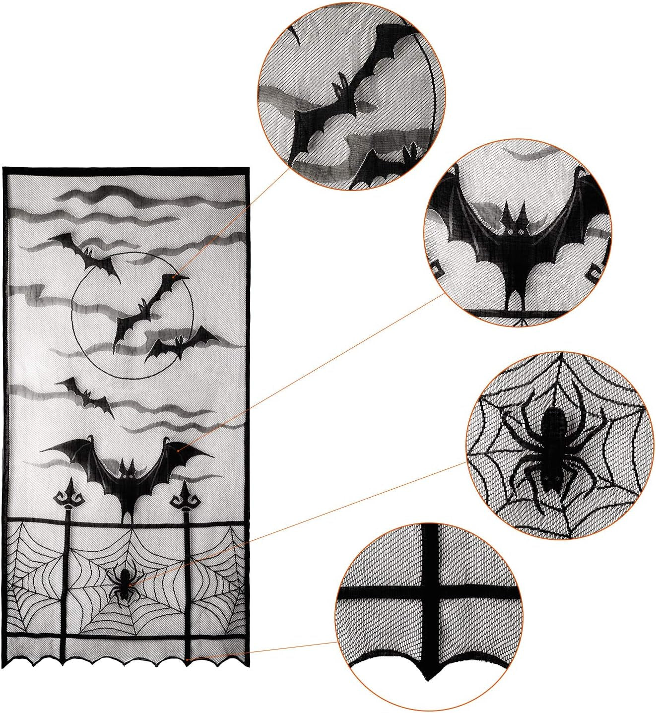 Aritiflr 5 Pack Halloween Decorations, Black Lace Party Decor, Bat Window Curtains, Spider Web Fireplace Mantel Scarf Cover, Spider Web Table Topper Tablecloth, Halloween Lamp Shade