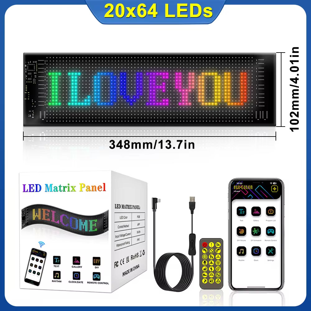 Car LED Sign Bluetooth APP LED Matrix Pixel Panel Night Light DIY Programmable Flexible LED Display for Car Store Hotel Bar