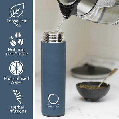 Thermos with Infuser for Tea, Coffee and Fruit-Infused Water - Stainless Steel - Tea Infuser Bottle - Tea Tumbler with Infuser - Leakproof Tea Bottle - Travel Tea Mug - 15Oz - Blue