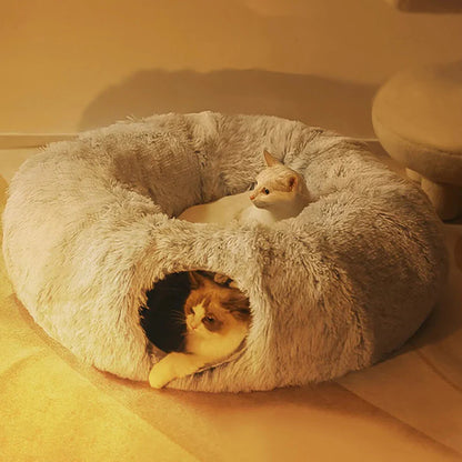 Large Cat Tunnel Bed with Fluffy Cave Tube, Removable Cushion ( for Cats, Dogs, Rabbits, and Ferrets)