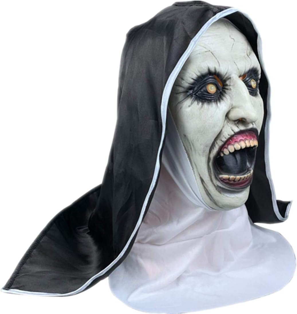 Scary the Nun Mask Conjuring Costume Adult Latex Masks with Headscarf Creepy Nun Cosplay Costumes Halloween Horror Movie Role Play Dress up Party Props