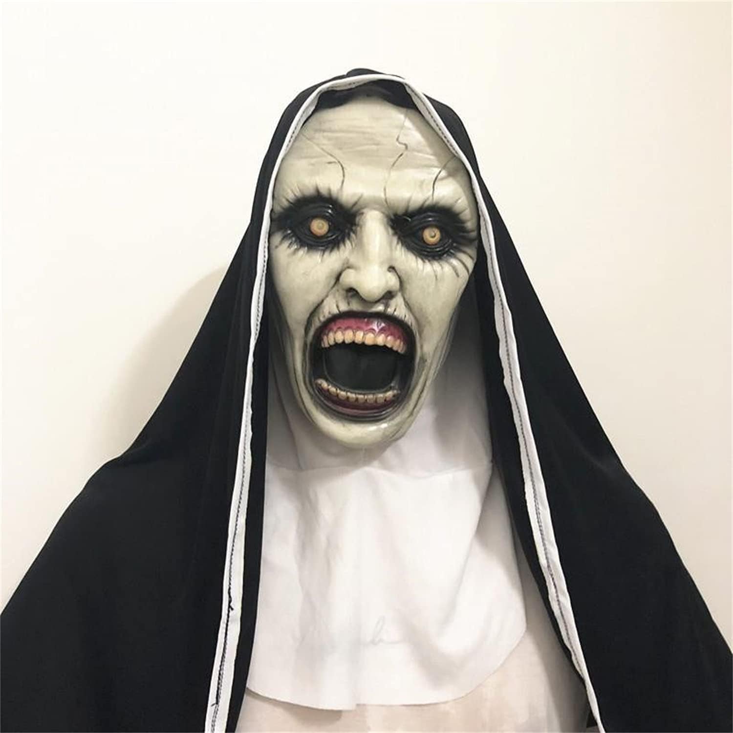 Scary the Nun Mask Conjuring Costume Adult Latex Masks with Headscarf Creepy Nun Cosplay Costumes Halloween Horror Movie Role Play Dress up Party Props