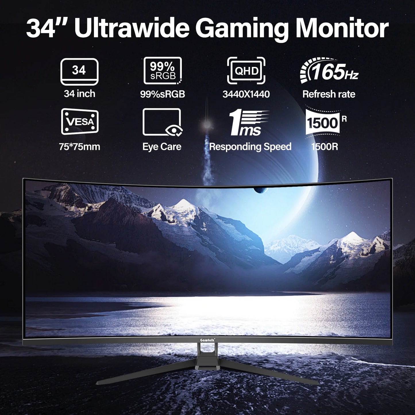 34 Inch Curved Gaming Monitor 165Hz Ultrawide, WQHD 3440X1440, Screen PC Computer, 1500R,21:9