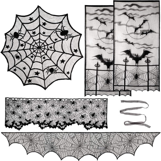 Aritiflr 5 Pack Halloween Decorations, Black Lace Party Decor, Bat Window Curtains, Spider Web Fireplace Mantel Scarf Cover, Spider Web Table Topper Tablecloth, Halloween Lamp Shade