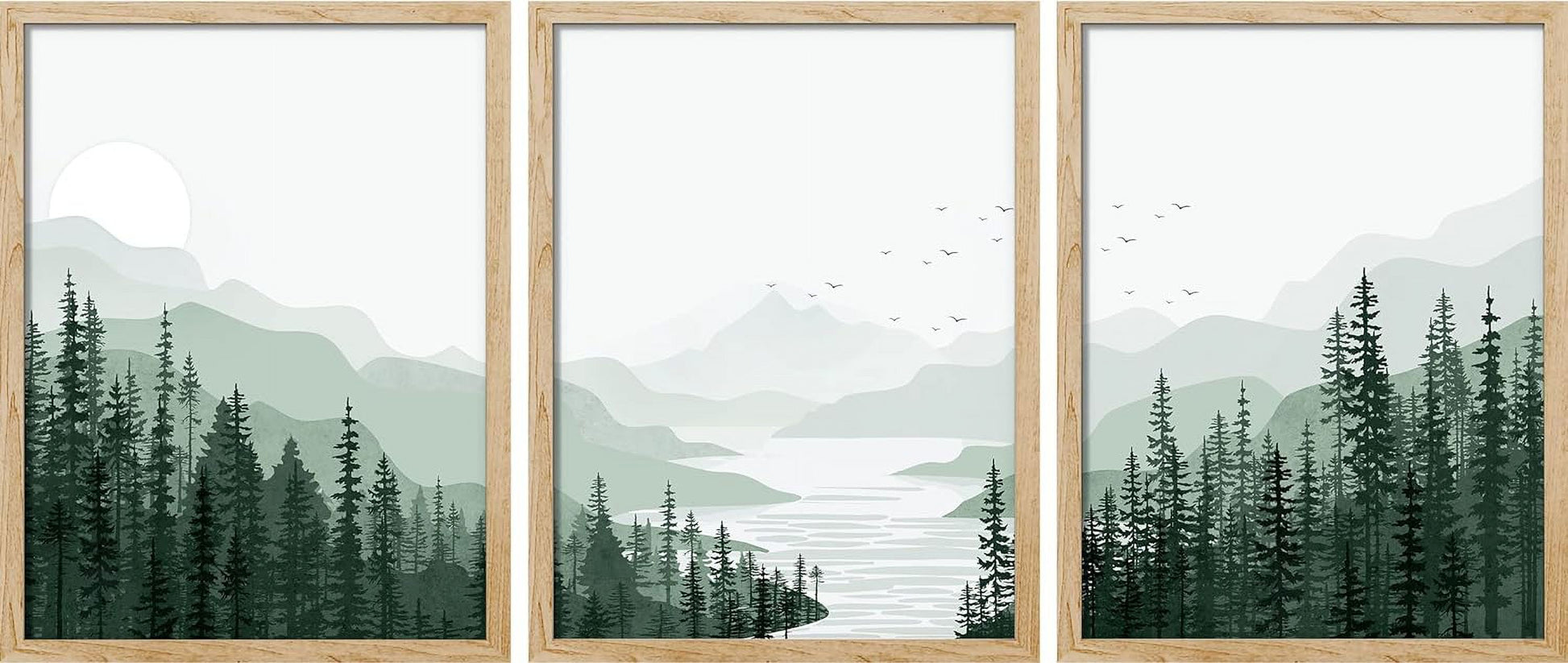 Framed Canvas Print Wall Art Set - Sage Green Mountain Range Pine Tree Forest Art - Set of 3 Nature Wilderness Landscape Wall Décor for Living Room, Bedroom - 12"X16"X3 Panels Natural