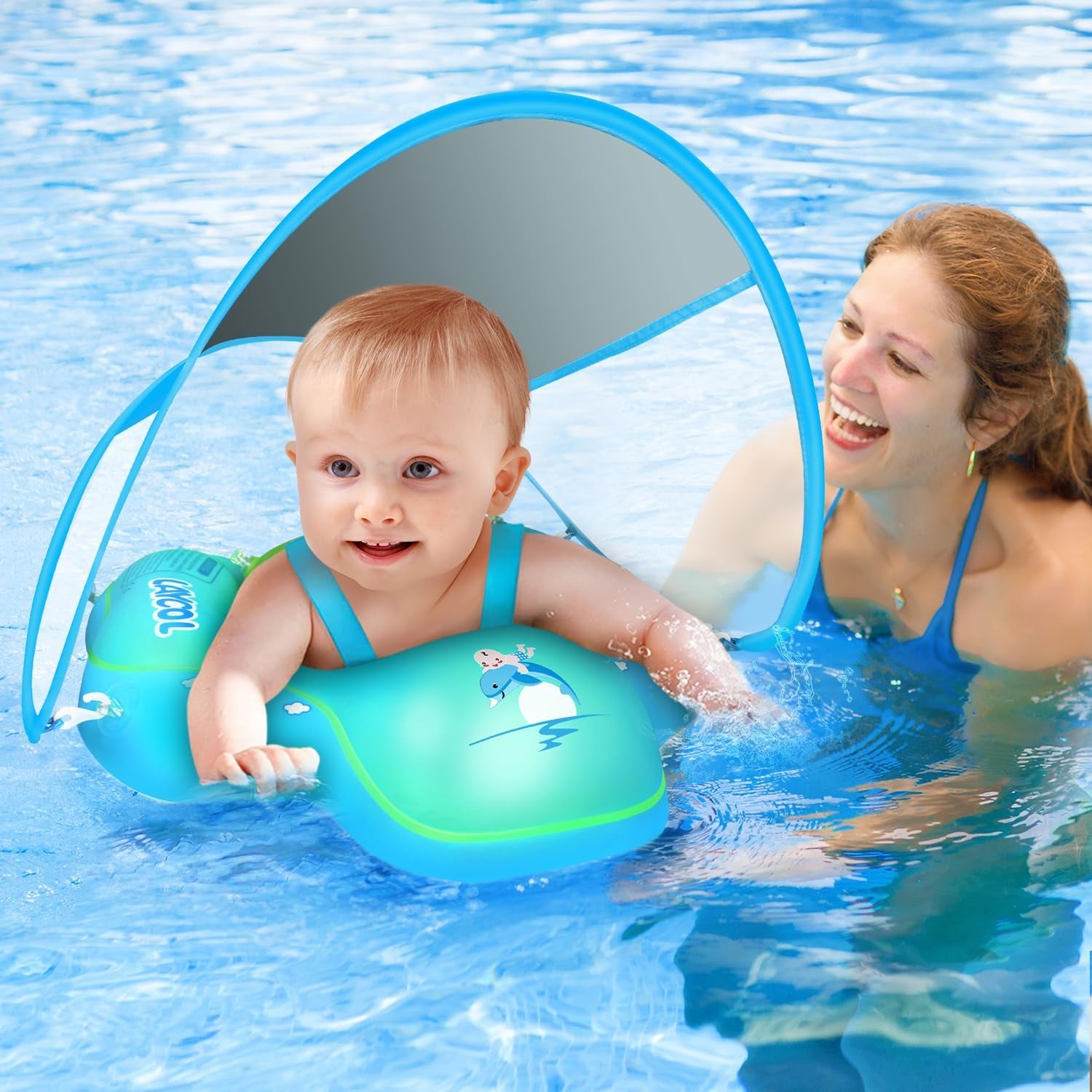 Baby Swimming Float with UPF50+ Sun Canopy Baby Floats for Pool No Flip Overbaby Pool for Baby Age of 3-36 Months (Blue, L)