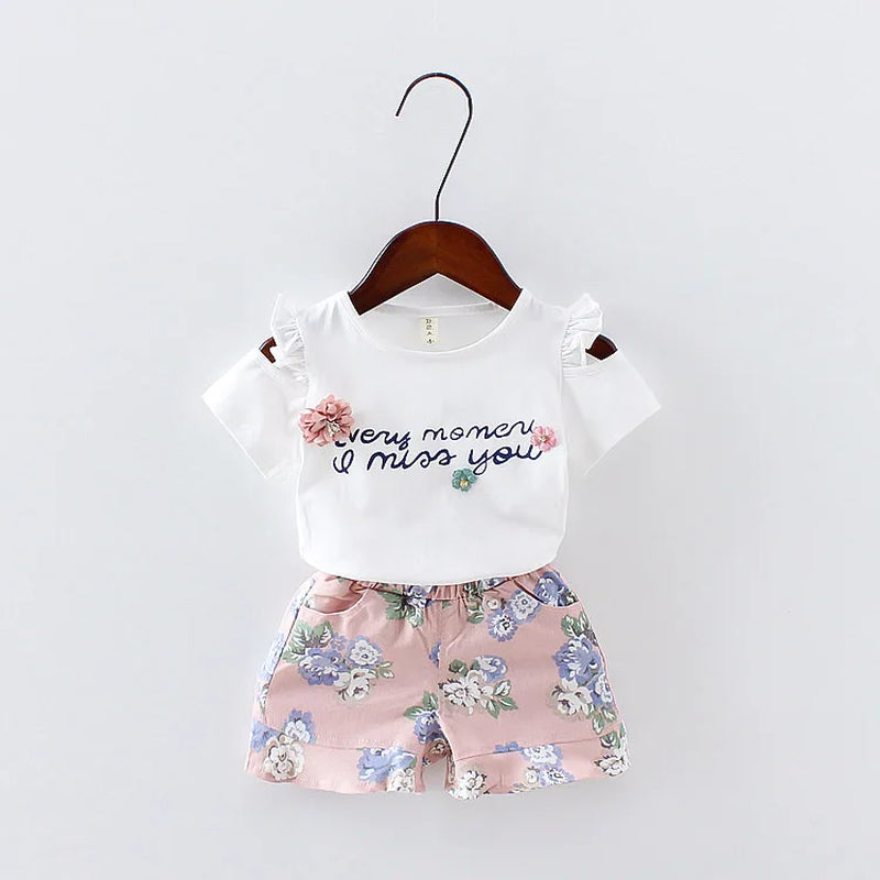 Two Pieces Cotton Girls Clothing Sets Summer Vest Sleeveless Children Sets Fashion Girls Clothes Suit Casual Floral Outfits 1-5T