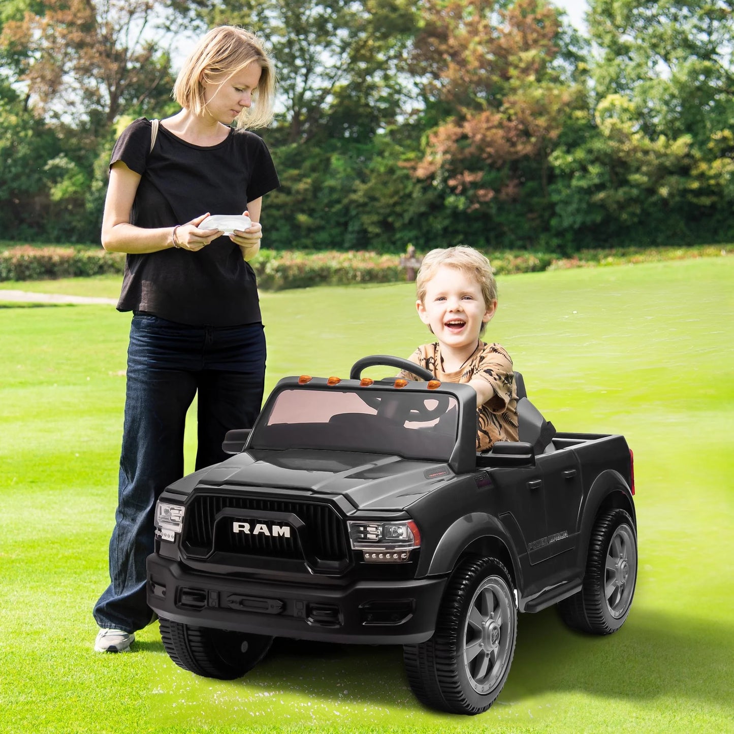 Dodge RAM Ride on Car, 12V Powered Ride on Toy with Remote Control, Rear Wheel Suspension, 5 Point Safety Belt, MP3 Player, Bluetooth, LED Lights, Electric Vehicles for 3-8 Years Boys Girls, Black