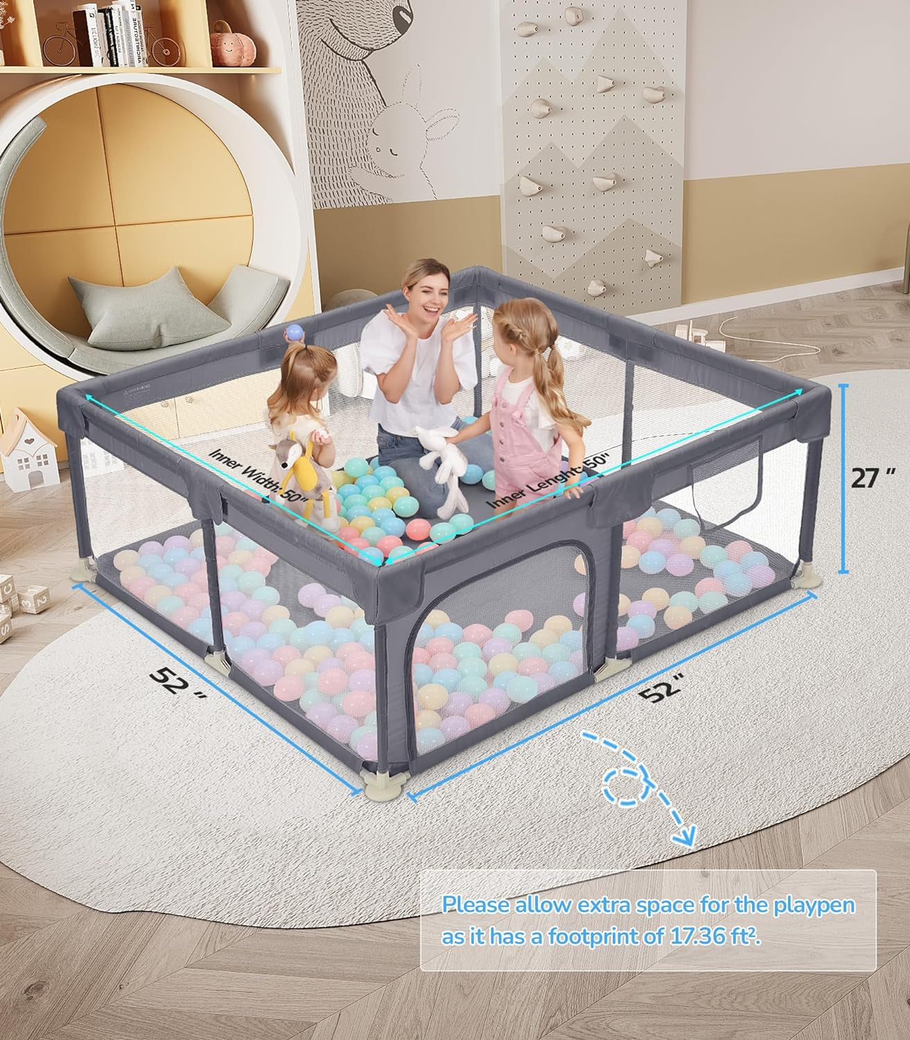 Baby Playpen, 50"×50" Play Pens for Babies and Toddlers, Safe Anti-Fall Play Yard with Gates, Baby Fence with Breathable Mesh, Indoor & Outdoor Kids Activity Center, Anchor Grey