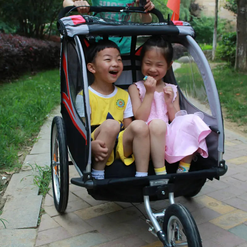 3 in 1 Twins Bike Trailer, 20 Inch Big Wheel Baby Stroller, Foldable Kids Jogger, Two Seats Outdoor Bicycle Wagon