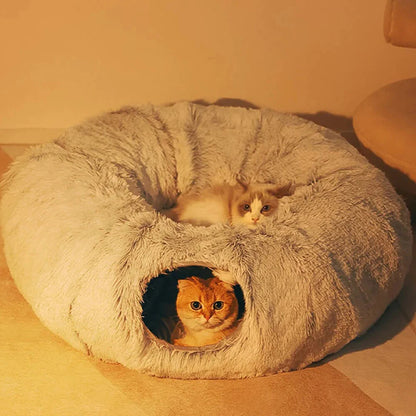 Large Cat Tunnel Bed with Fluffy Cave Tube, Removable Cushion ( for Cats, Dogs, Rabbits, and Ferrets)