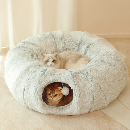 Large Cat Tunnel Bed with Fluffy Cave Tube, Removable Cushion ( for Cats, Dogs, Rabbits, and Ferrets)