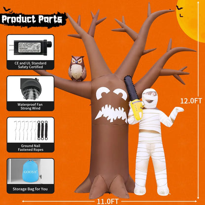 Halloween Inflatable 12 FT Inflatable Halloween Tree with Mummy, Scary Halloween Tree Inflatable Halloween Blow up Tree with LED Lights, Funny Halloween Decorations for Halloween/Holiday