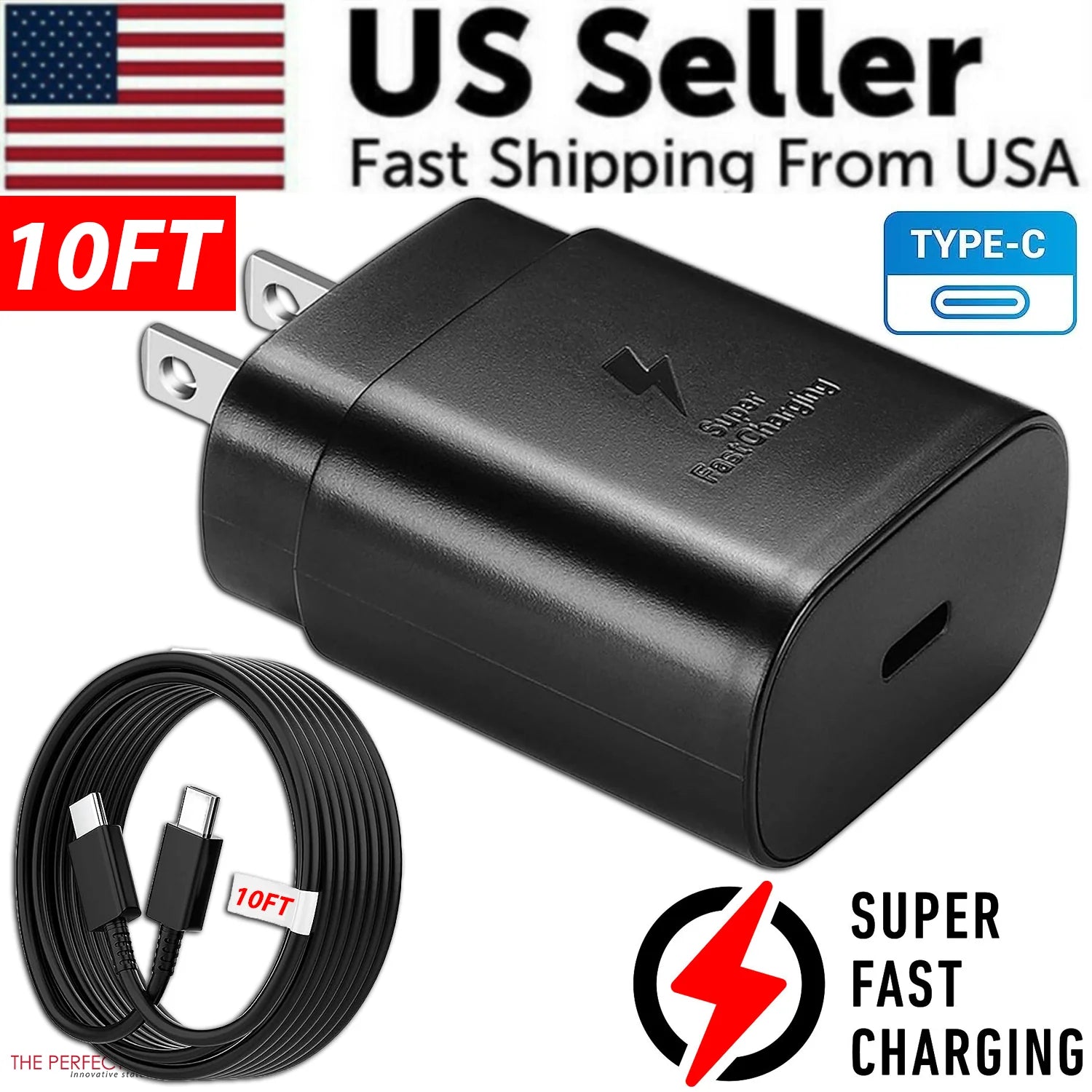 25W Super Fast Charger Type USB-C 10FT Cable for Samsung Galaxy S23 S22 S21 S20