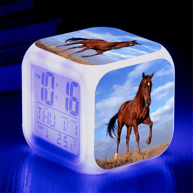 Animals Horse Digital Clocks Color Changing Despertador White Horses Led Alarm Clocks Action Figure Light up Toys Doll Kids Gift