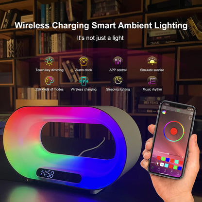 Multi-Function 3 in 1 LED Night Light APP Control RGB Atmosphere Desk Lamp Smart Multifunctional Wireless Charger Alarm Clock