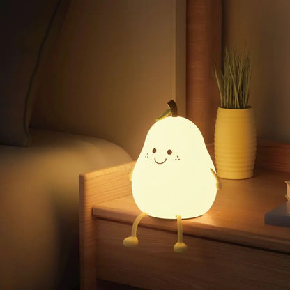 LED Pear Fruit Silicone Night Light 7 Colors Dimming Touch USB Rechargeable Cartoon Bedside Lamp Bedroom Decor Cute Kid Gift