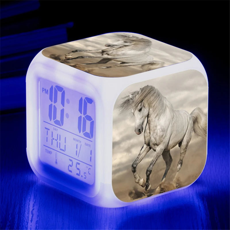 Animals Horse Digital Clocks Color Changing Despertador White Horses Led Alarm Clocks Action Figure Light up Toys Doll Kids Gift