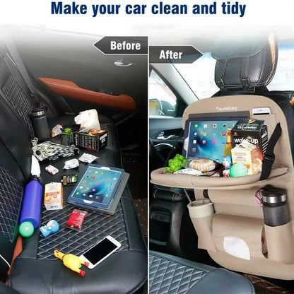 Car Seat Back Organizer PU Leather Auto Storage Bag with Foldable Table Tray Tablet Holder Tissue Box Pockets Cars Accessories