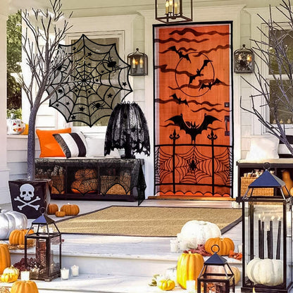 Aritiflr 5 Pack Halloween Decorations, Black Lace Party Decor, Bat Window Curtains, Spider Web Fireplace Mantel Scarf Cover, Spider Web Table Topper Tablecloth, Halloween Lamp Shade