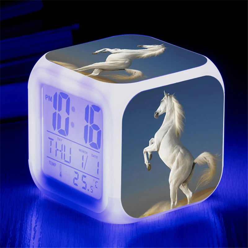 Animals Horse Digital Clocks Color Changing Despertador White Horses Led Alarm Clocks Action Figure Light up Toys Doll Kids Gift