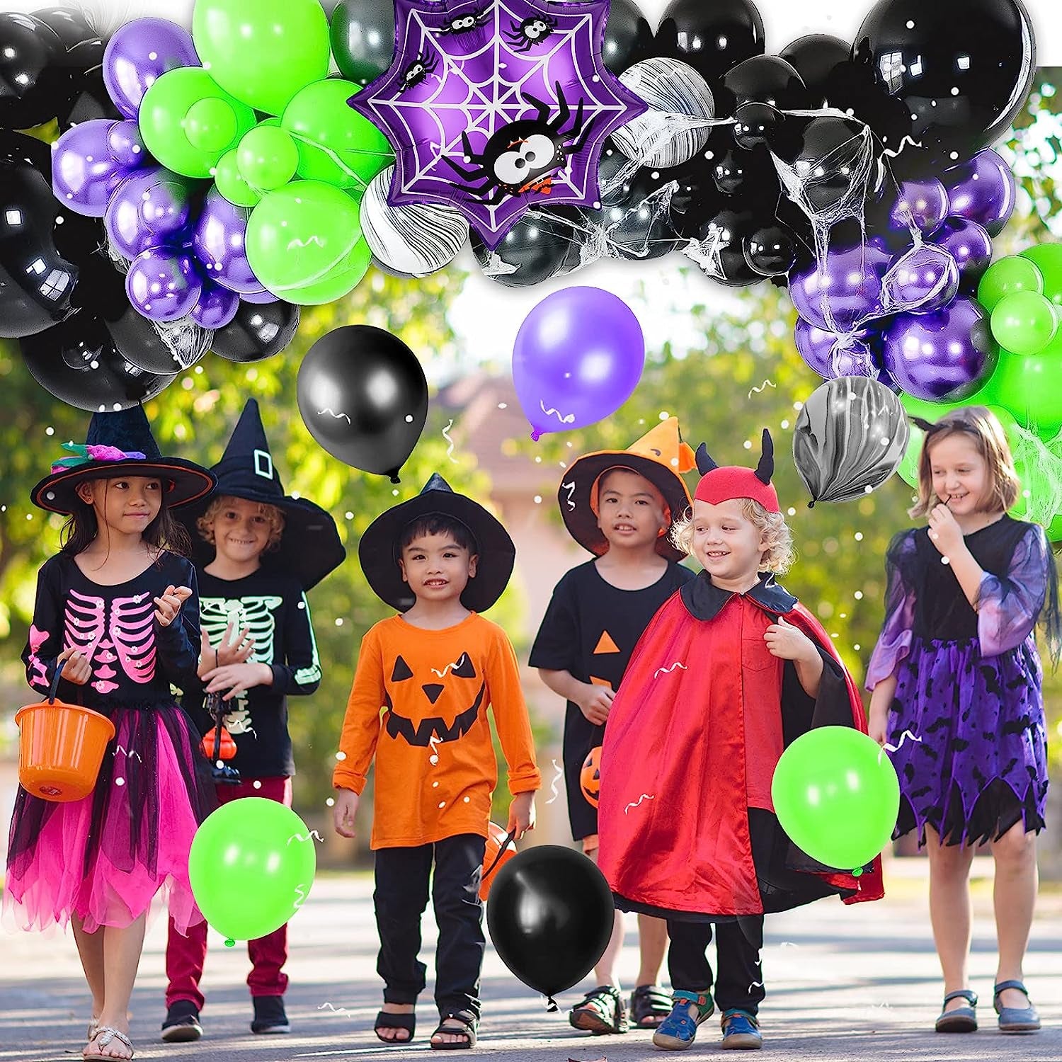 Halloween Balloon Garland, Halloween Balloon Arch Kit with Black Purple Halloween Balloons, Spider Halloween Foil Balloons, Happy Halloween Banner for Halloween Party Decorations