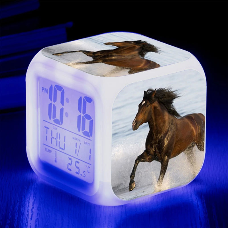 Animals Horse Digital Clocks Color Changing Despertador White Horses Led Alarm Clocks Action Figure Light up Toys Doll Kids Gift