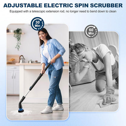 Electric Spin Scrubber, Cordless Cleaning Brush with 4 Replaceable Brush Heads and Adjustable Extension Handle Power Shower Scrubber for Bathroom, Kitchen, Tub, Tile, Floor