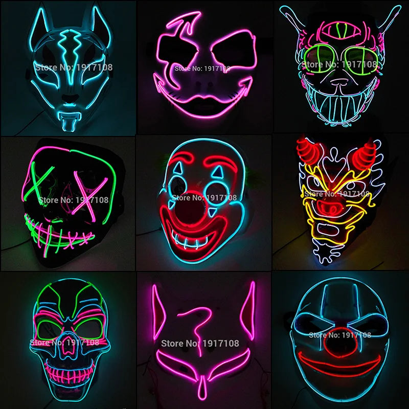 Hot Sales Halloween Horror Mask LED Neon Light up Mask Carnival Party Scary Mask Cosplay LED Mask Glow Party Supplies Dropship