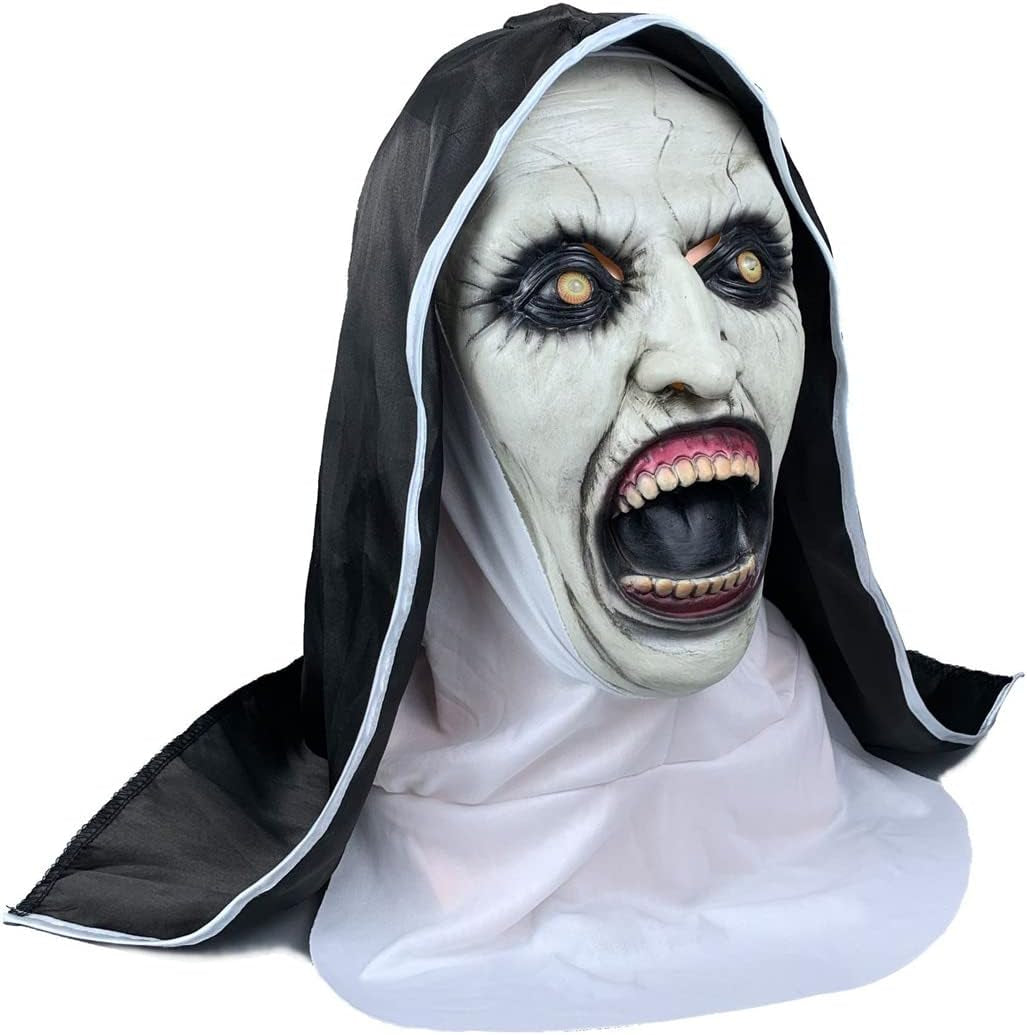 Scary the Nun Mask Conjuring Costume Adult Latex Masks with Headscarf Creepy Nun Cosplay Costumes Halloween Horror Movie Role Play Dress up Party Props